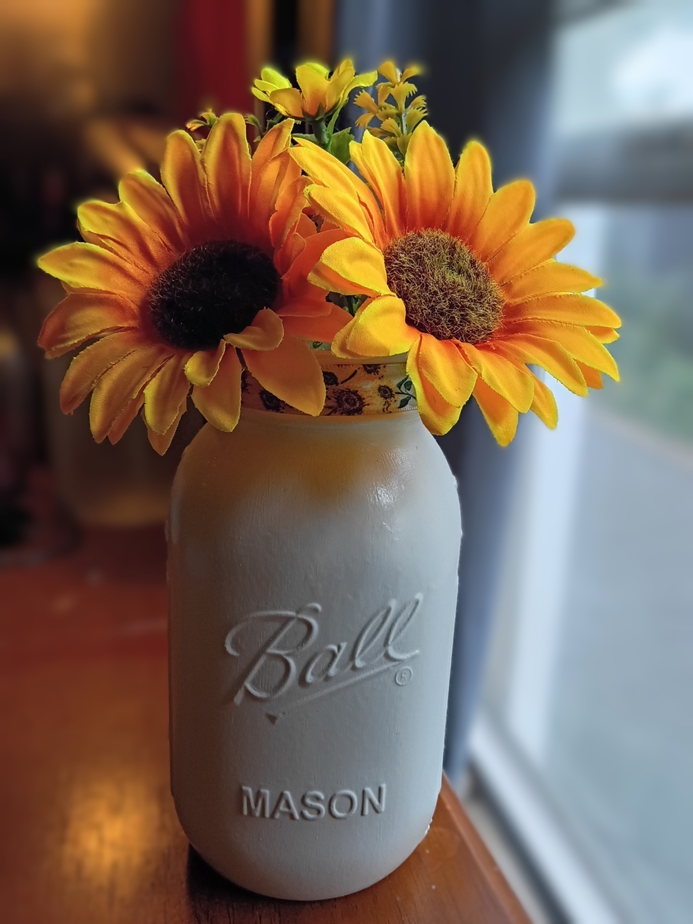 White 32 Oz Ball Mason Jar with Yellow Sunflowers And Sunflower Ribbon
